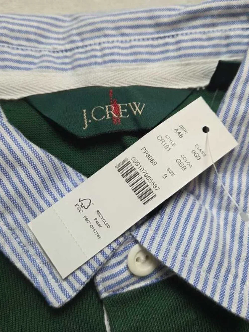 New S J.Crew rugby shirt with striped oxford collar Green longsleve polo